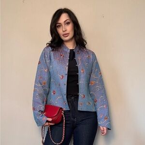 Orvis Quilted Embroidered Floral Jacket Blue Mandarin Collar Size M